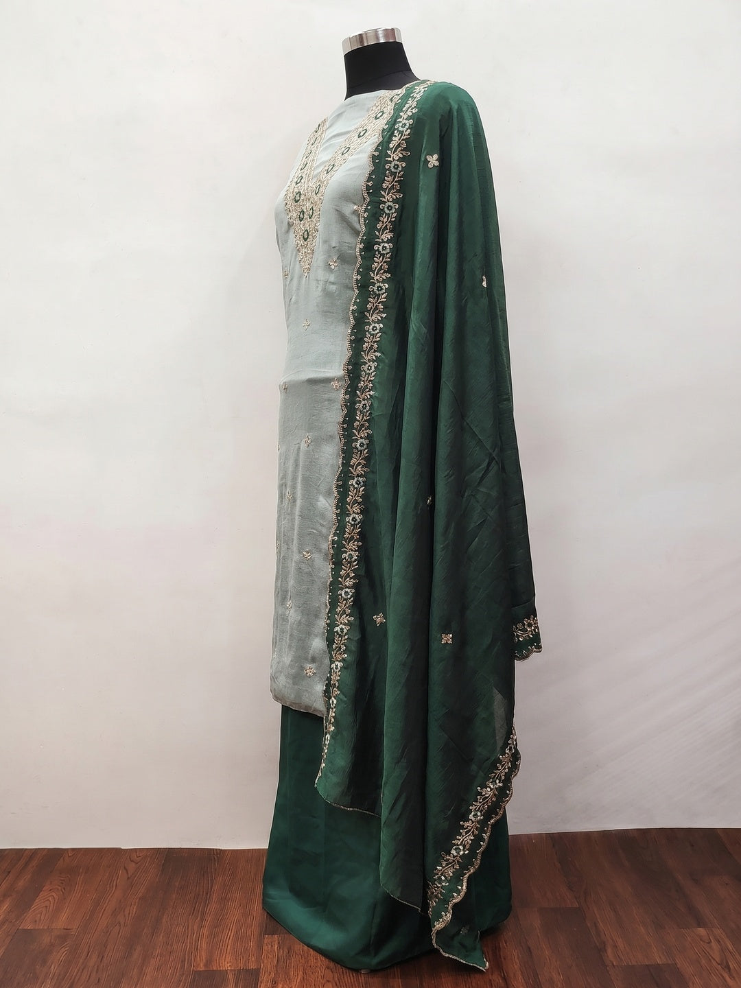 Light Green Floral Embroidered Vichitra Silk Dress Material - Image 3
