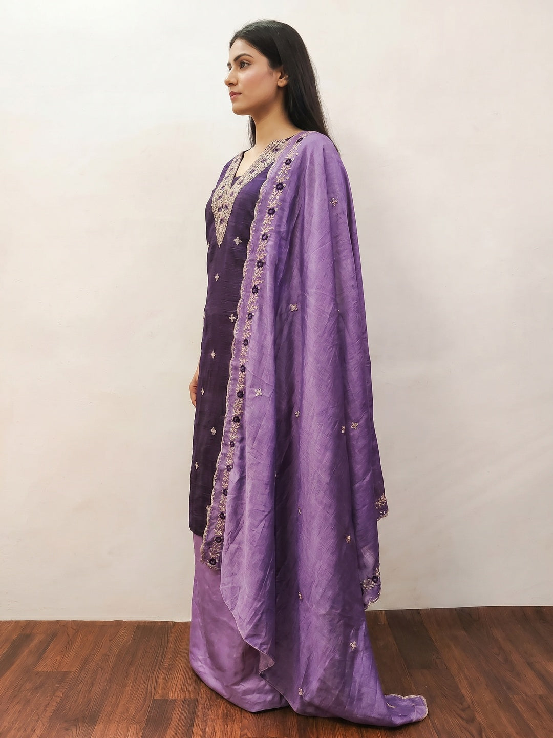 Purple Floral Embroidered Vichitra Silk Dress Material - Image 3