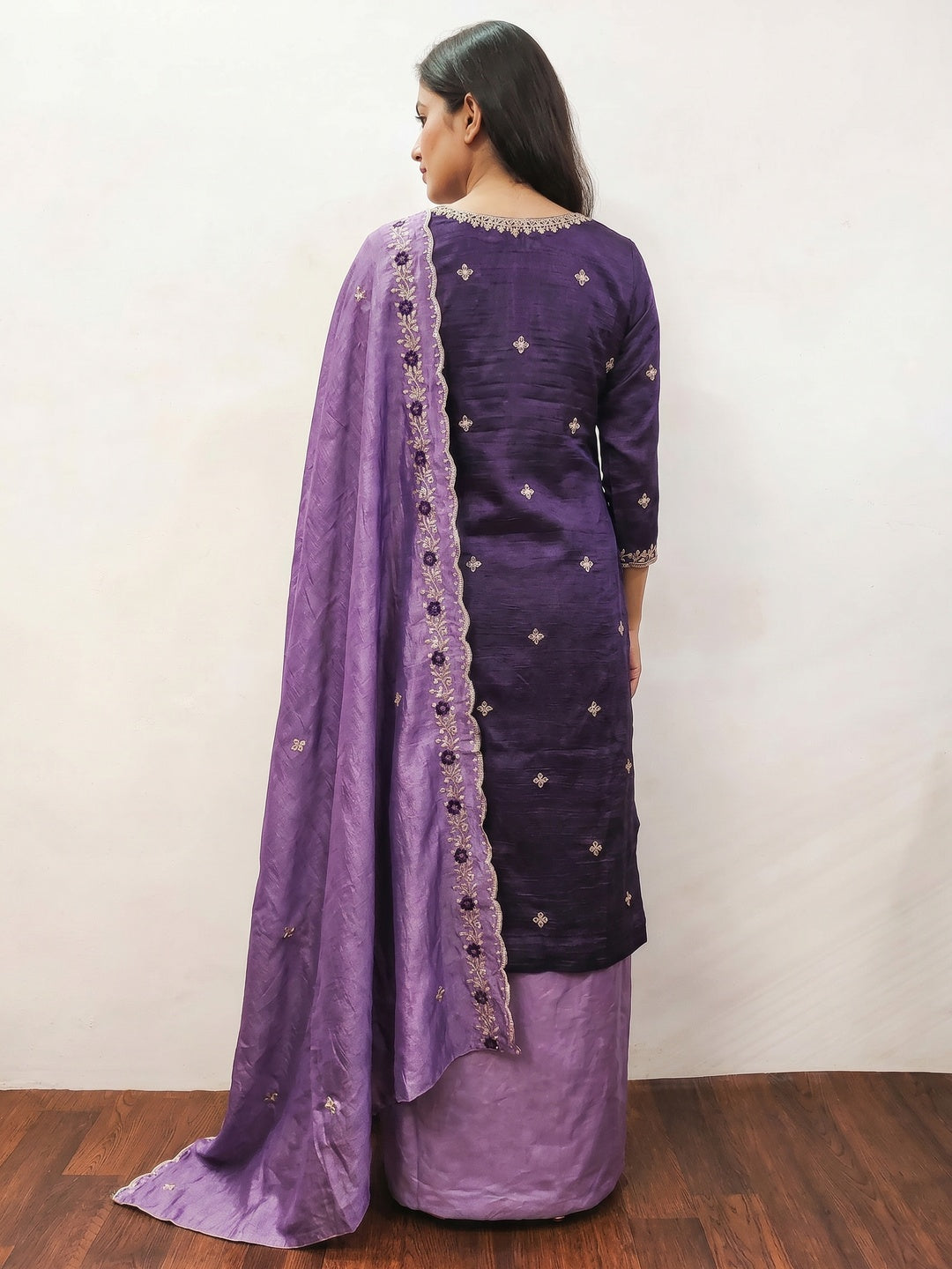 Purple Floral Embroidered Vichitra Silk Dress Material - Image 2