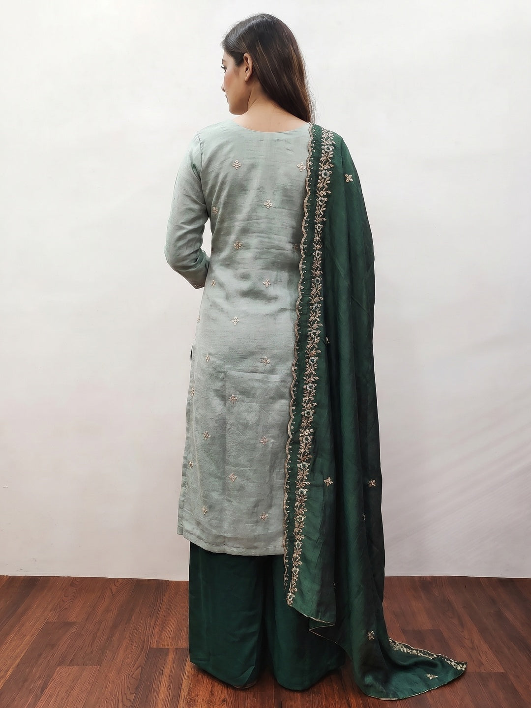 Light Green Floral Embroidered Vichitra Silk Dress Material - Image 2