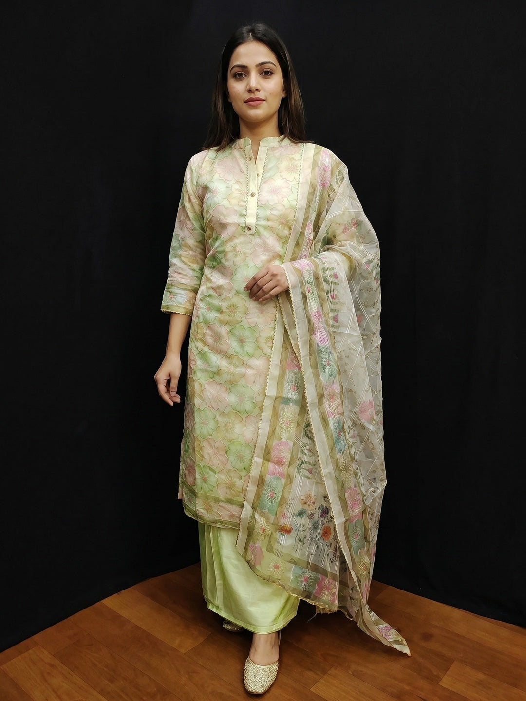 Green Floral Printed Organza Dress Material - Image 1