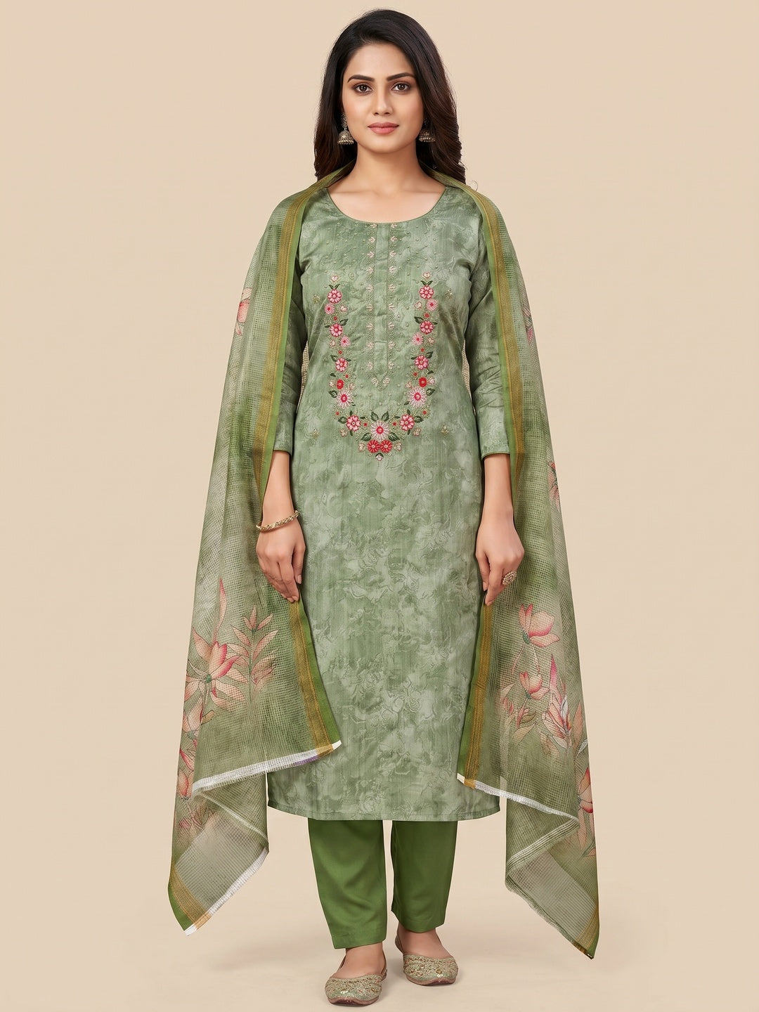 Green Embroidered Art Silk Dress Material - Image 1