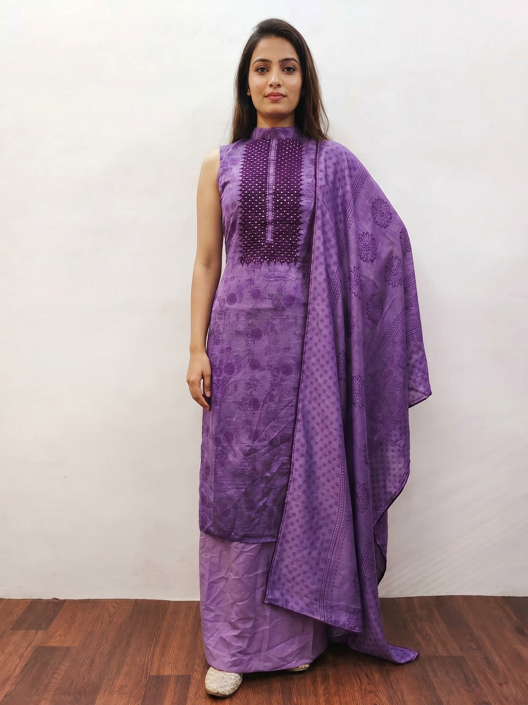 Purple Sequins Embroidered Vichitra Silk Dress Material - Image 1
