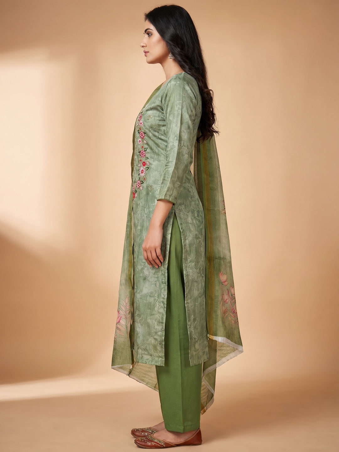 Green Embroidered Art Silk Dress Material - Image 3