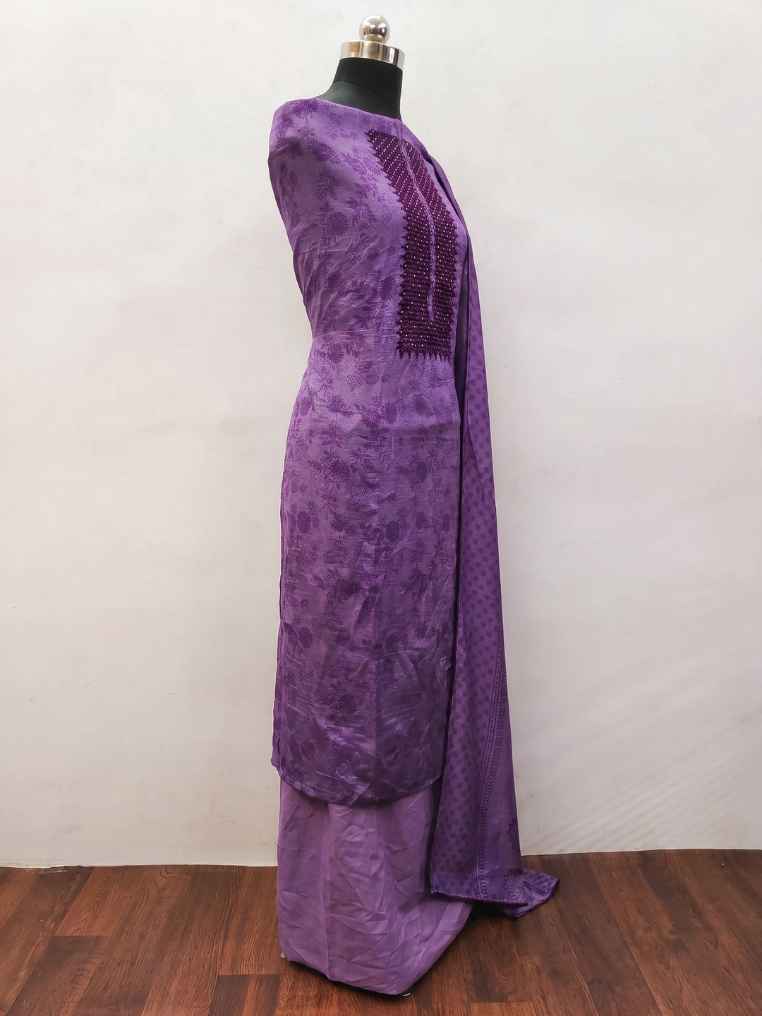 Purple Sequins Embroidered Vichitra Silk Dress Material - Image 2