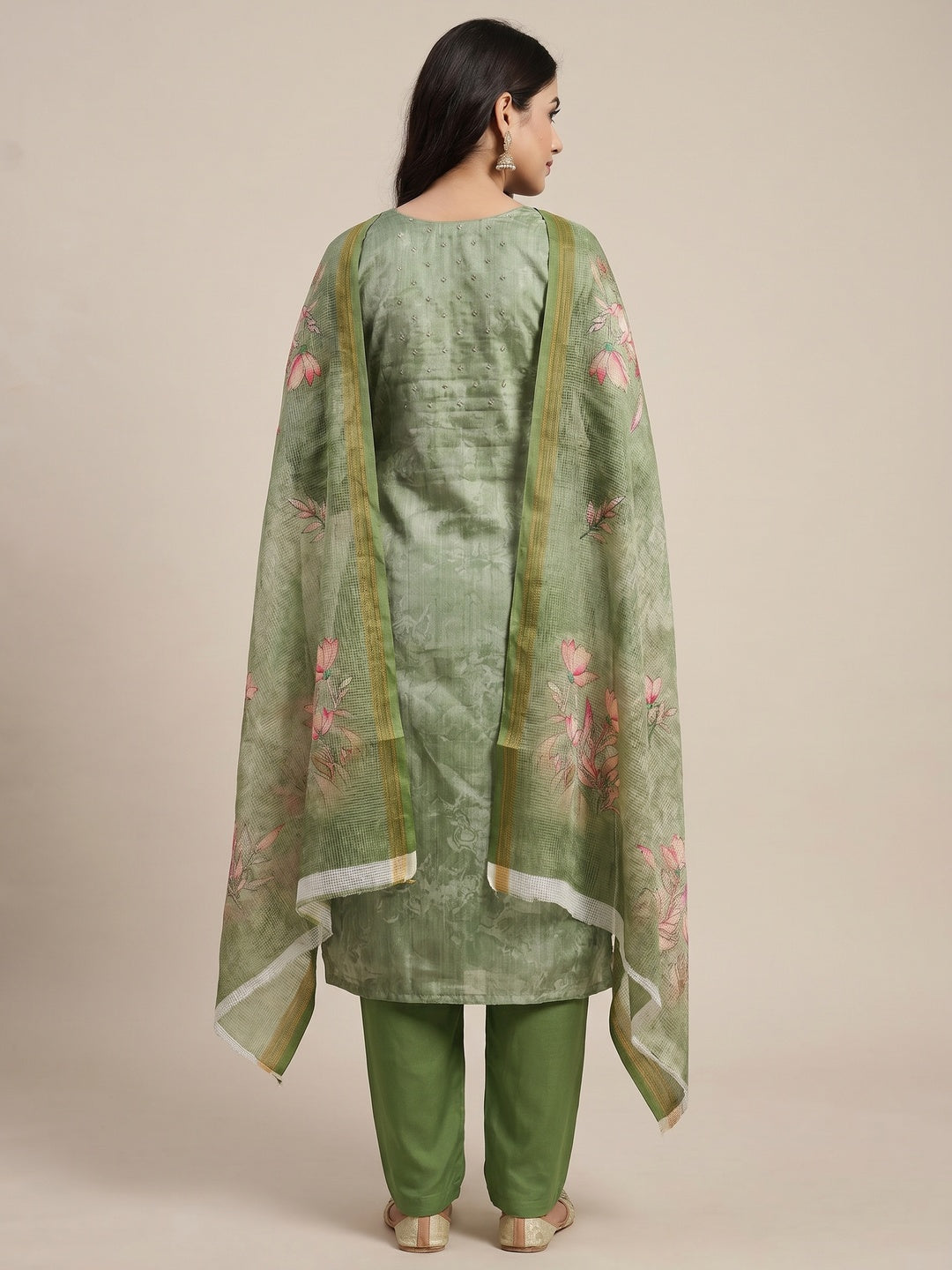 Green Embroidered Art Silk Dress Material - Image 2