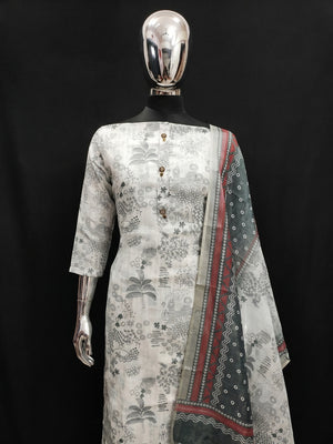 White & Grey Printed Linen Dress Material - Image 1