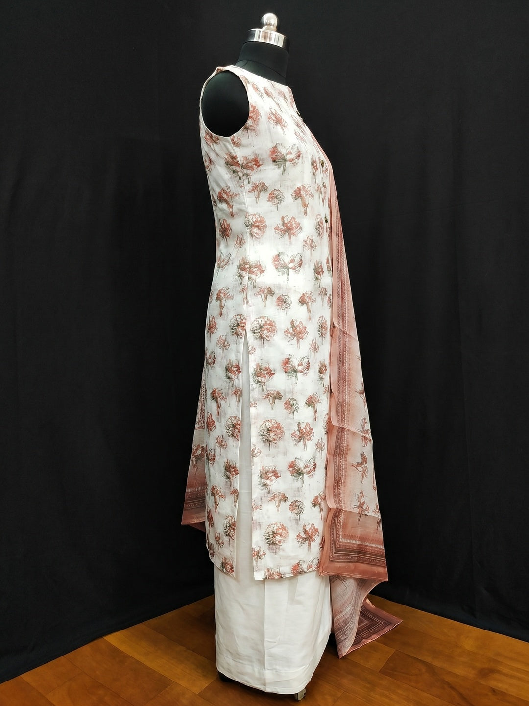 White & Rust Printed Linen Dress Material - Image 3