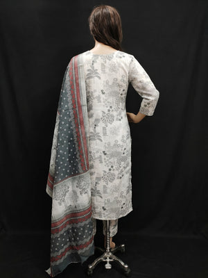 White & Grey Printed Linen Dress Material - Image 2