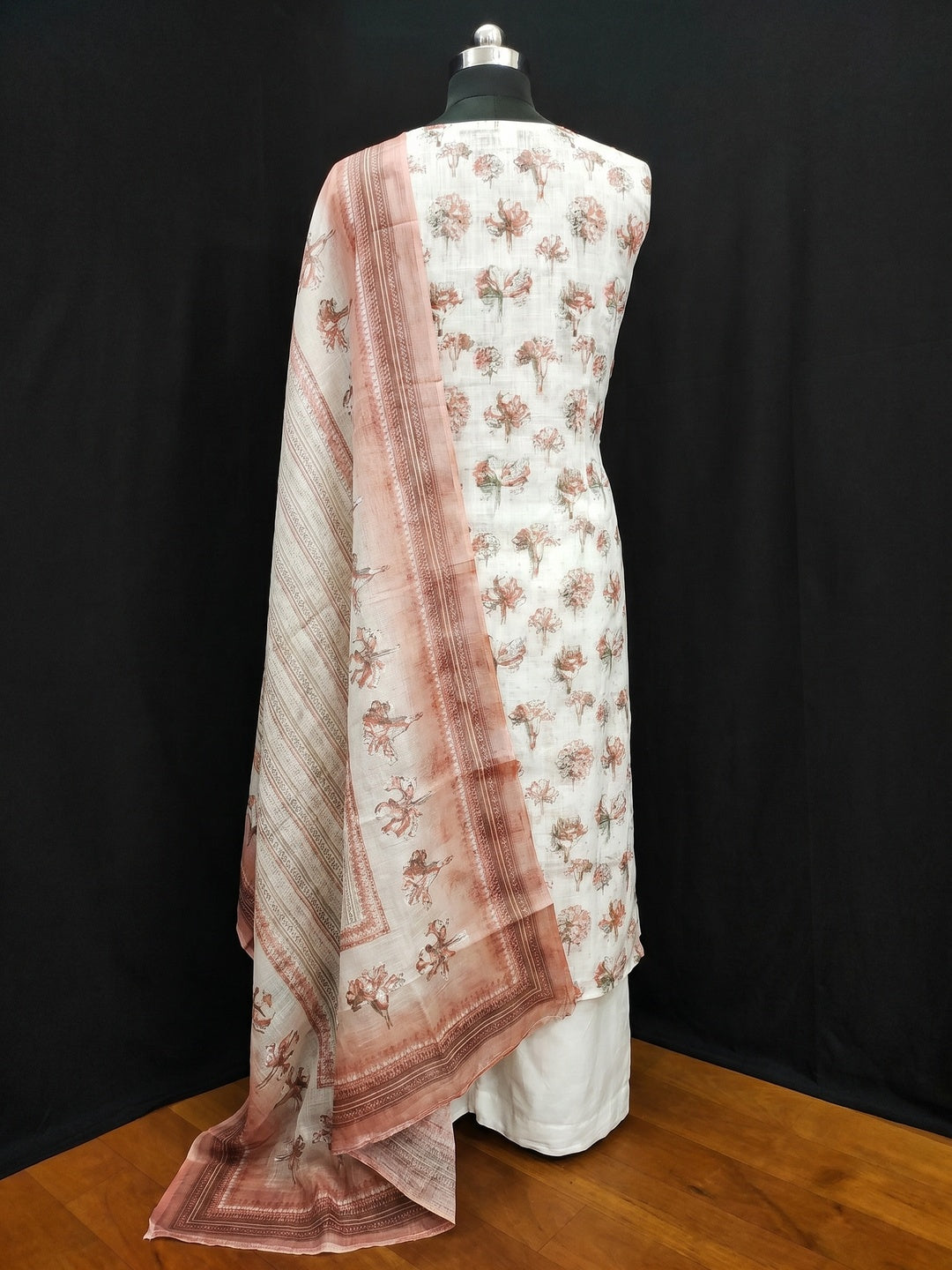 White & Rust Printed Linen Dress Material - Image 2
