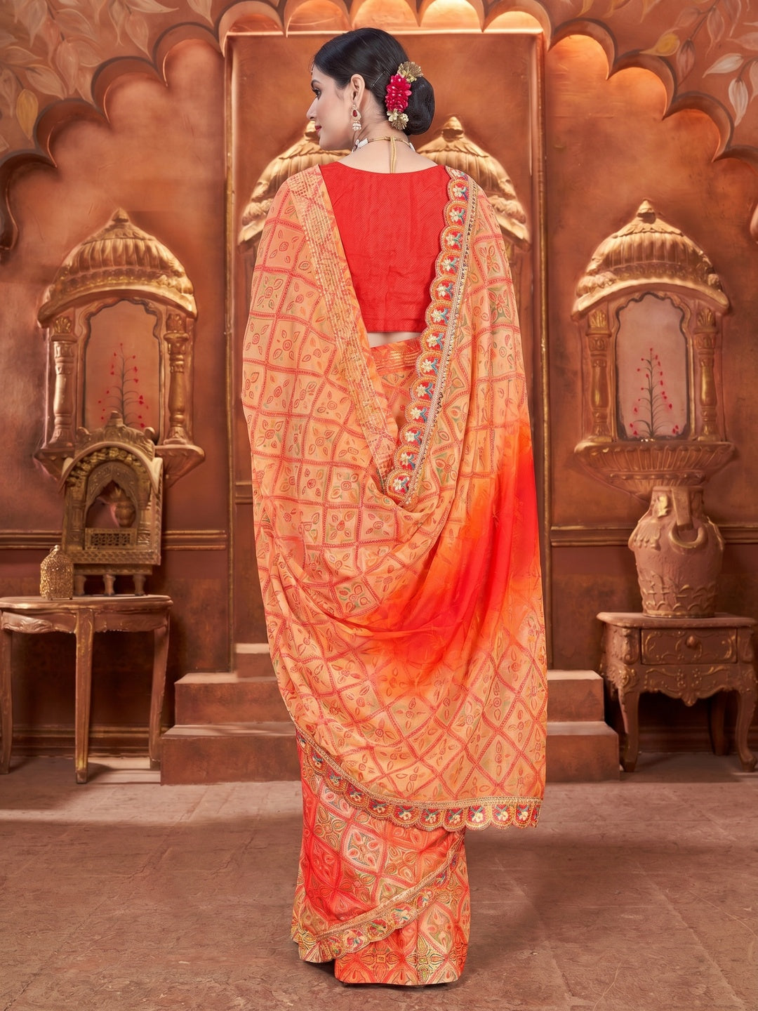 Chikoo & Orange Bandhani Printed Georgette Saree With Zari Border - Image 1