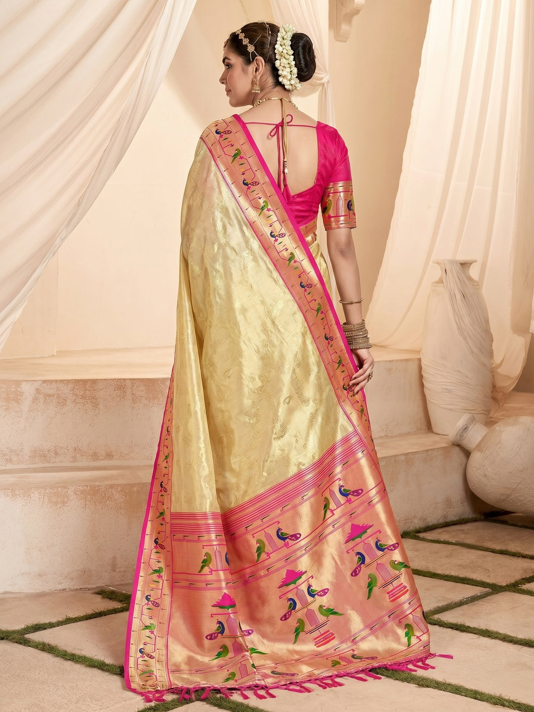 Beige Woven Tissue Paithani Saree With Tassels - Image 1
