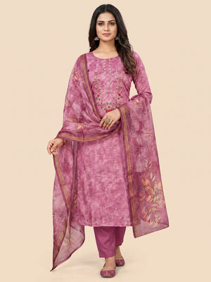 Pink Embroidered Art Silk Dress Material - Image 1