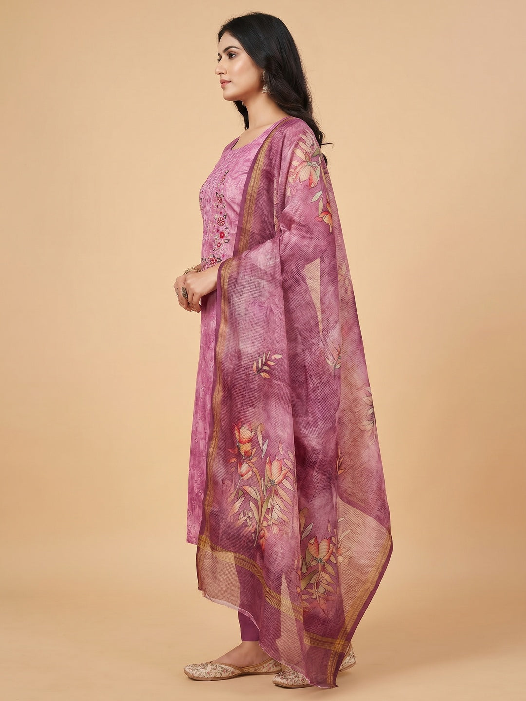 Pink Embroidered Art Silk Dress Material - Image 3
