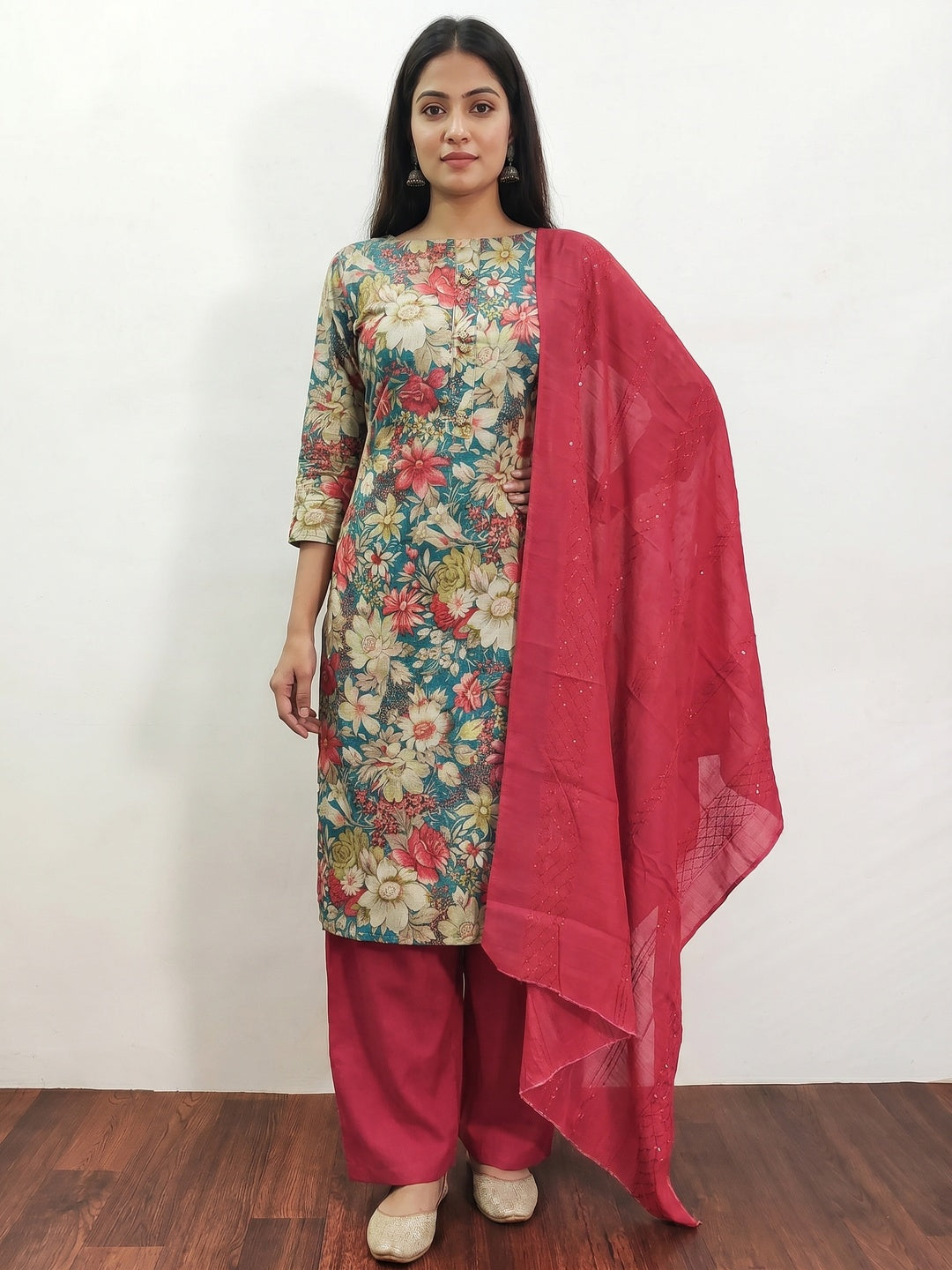 Rama Blue Floral Printed Cotton Silk Dress Material - Image 1