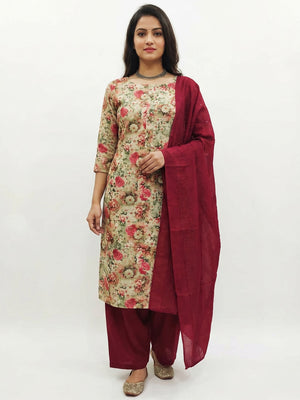 Beige Floral Printed Cotton Silk Dress Material - Image 1