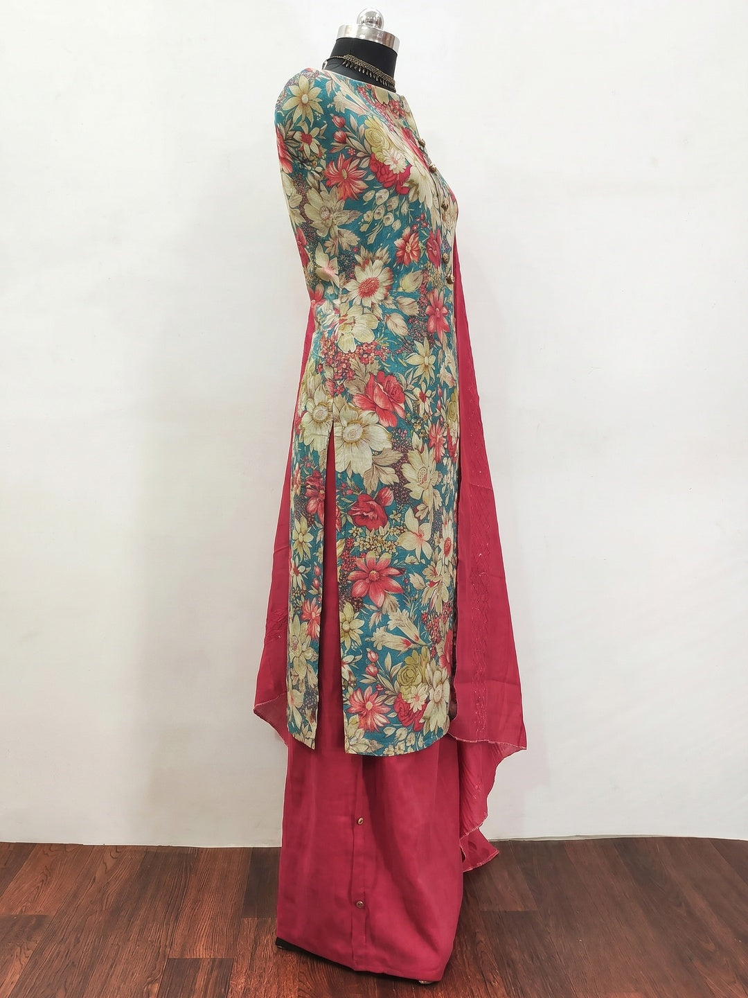 Rama Blue Floral Printed Cotton Silk Dress Material - Image 2