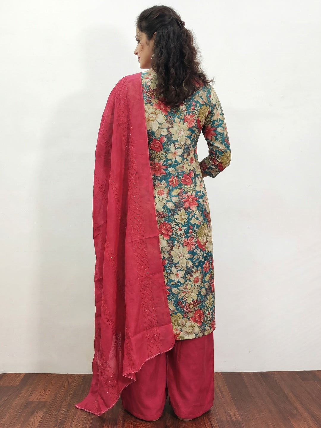 Rama Blue Floral Printed Cotton Silk Dress Material - Image 3