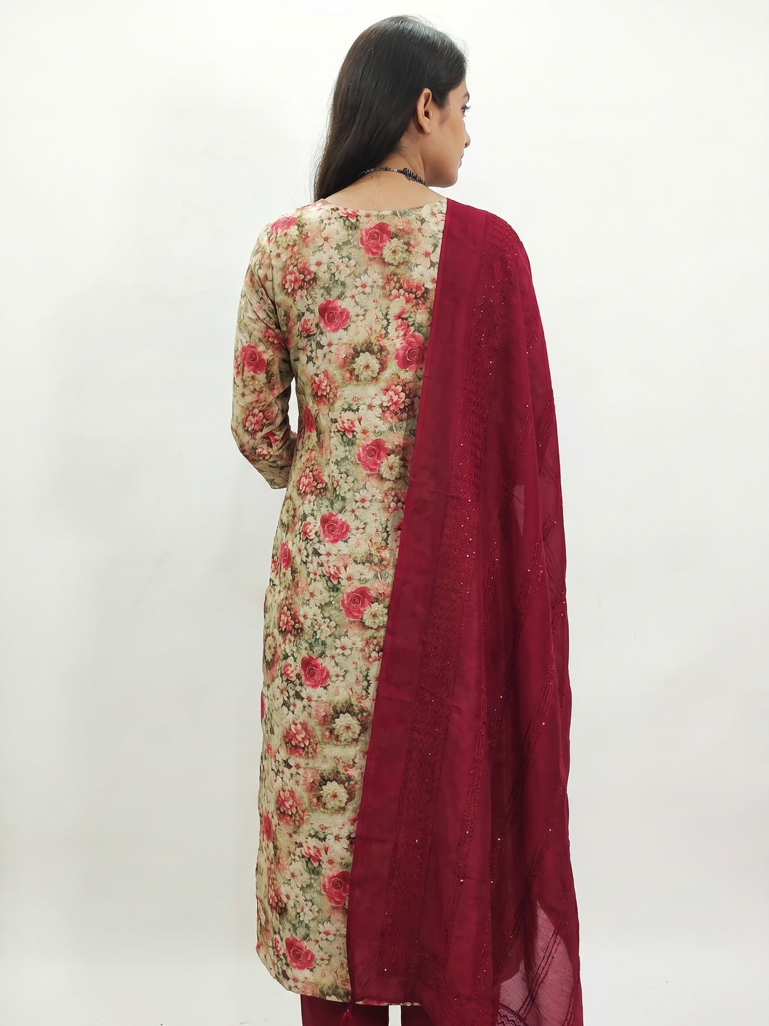 Beige Floral Printed Cotton Silk Dress Material - Image 3