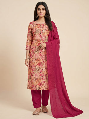 Peach Floral Printed Cotton Silk Dress Material - Image 1