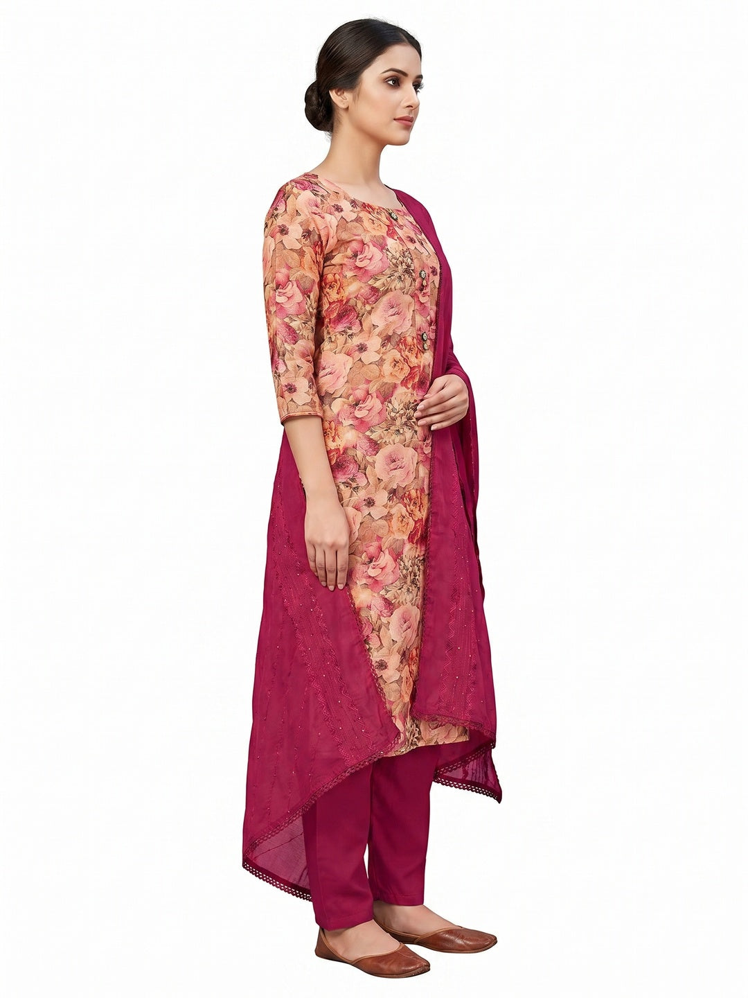 Peach Floral Printed Cotton Silk Dress Material - Image 3