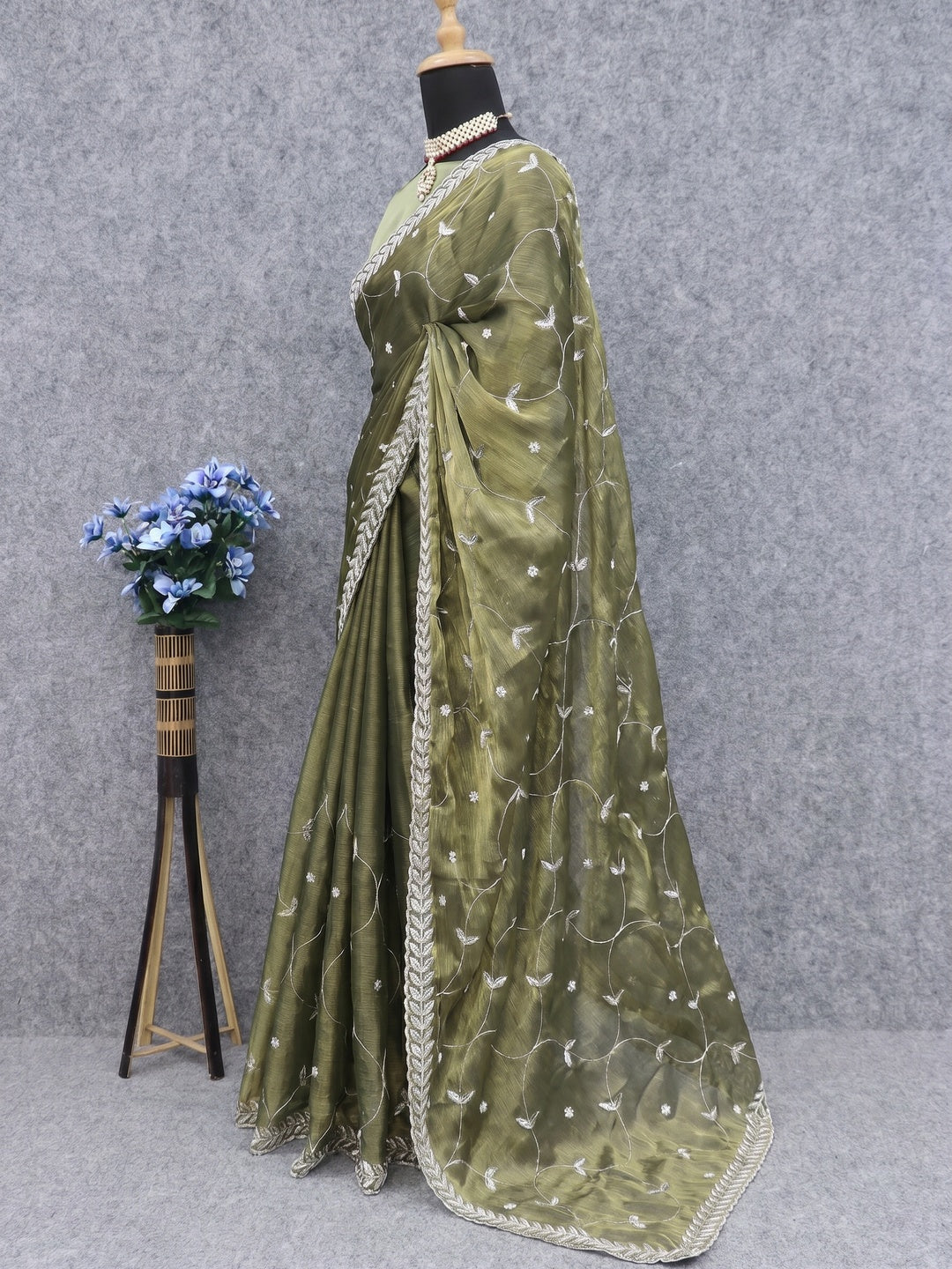 Olive Green Sequins Embroidered Chiffon Saree - Image 2