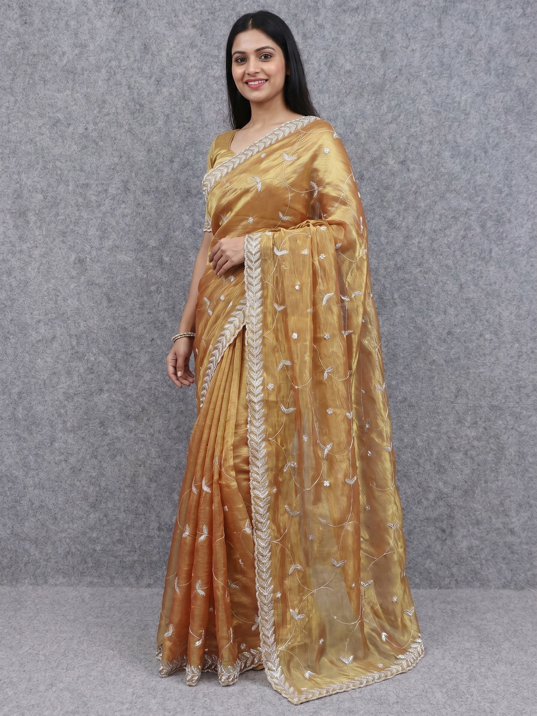 Golden Sequins Embroidered Chiffon Saree - Image 1