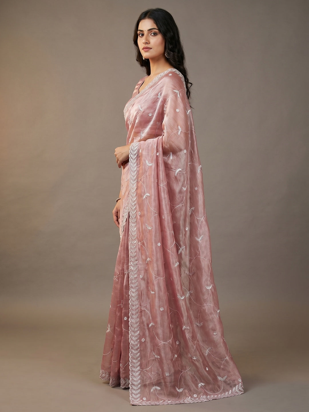 Powder Pink Sequins Embroidered Chiffon Saree - Image 3
