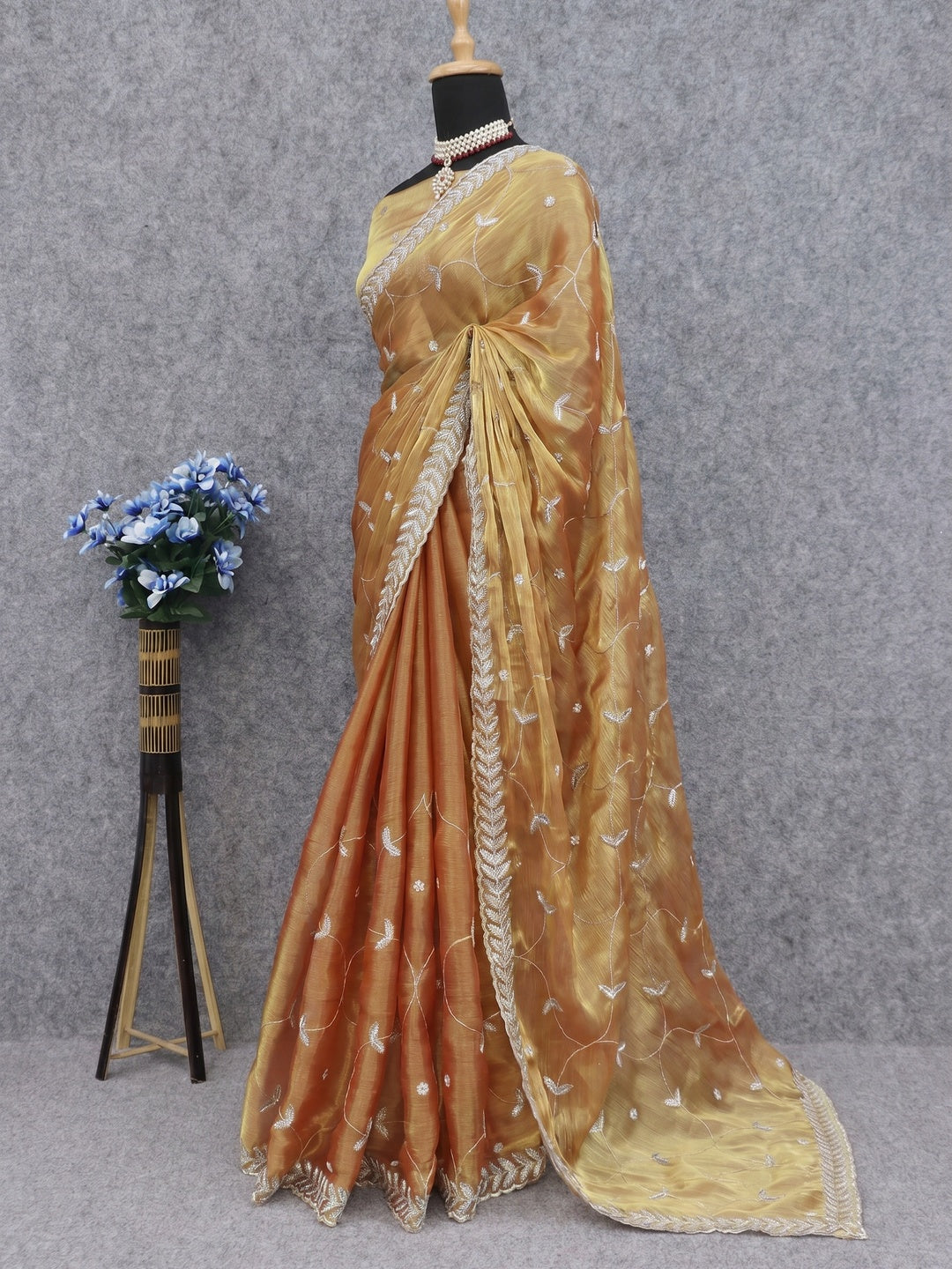 Golden Sequins Embroidered Chiffon Saree - Image 3