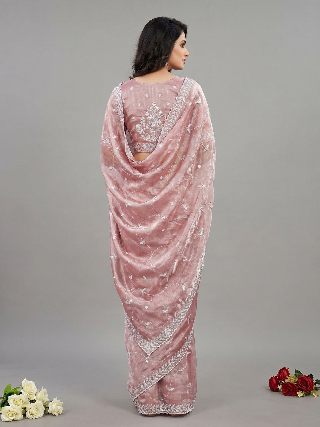 Powder Pink Sequins Embroidered Chiffon Saree - Image 2