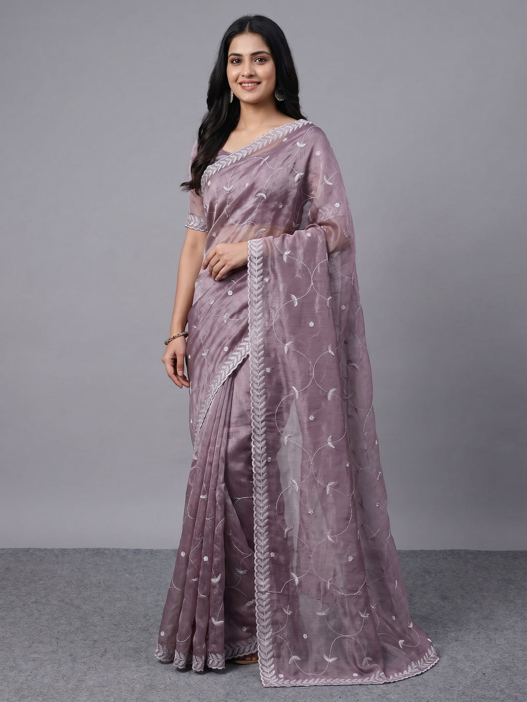 Dusty Mauve Sequins Embroidered Chiffon Saree - Image 1