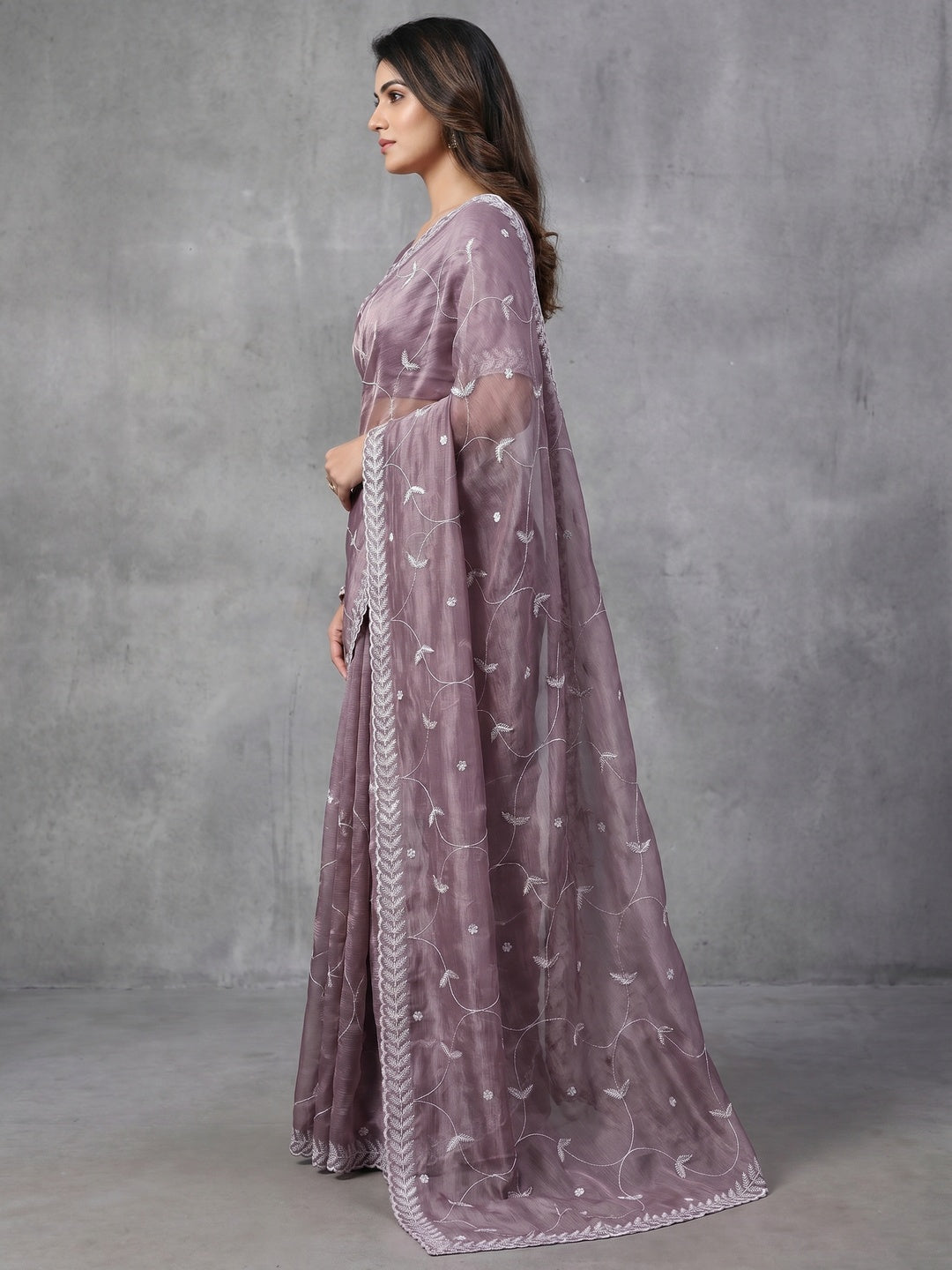 Dusty Mauve Sequins Embroidered Chiffon Saree - Image 3