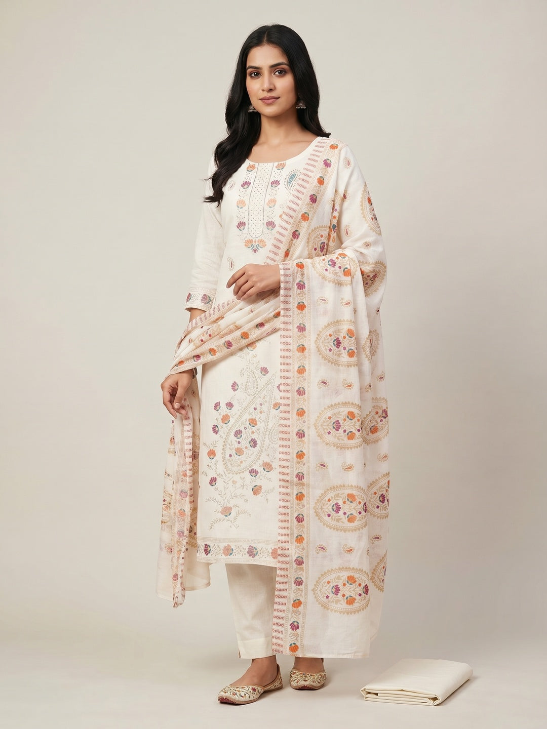 Off White Woven Pure Cotton Dress Material - Image 1