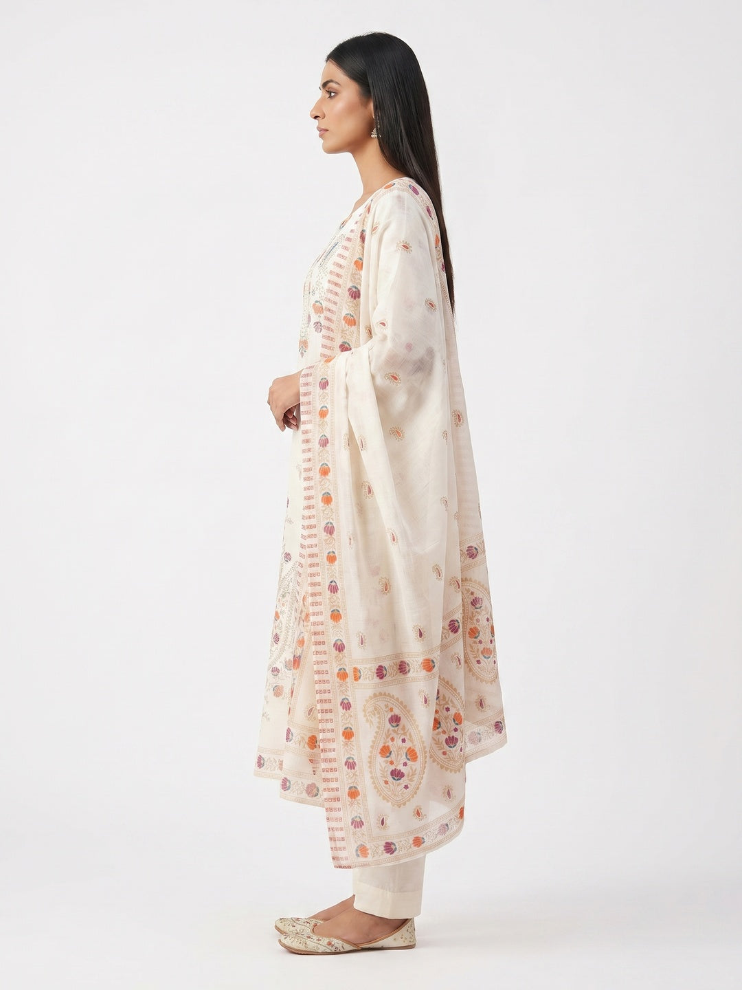 Off White Woven Pure Cotton Dress Material - Image 2