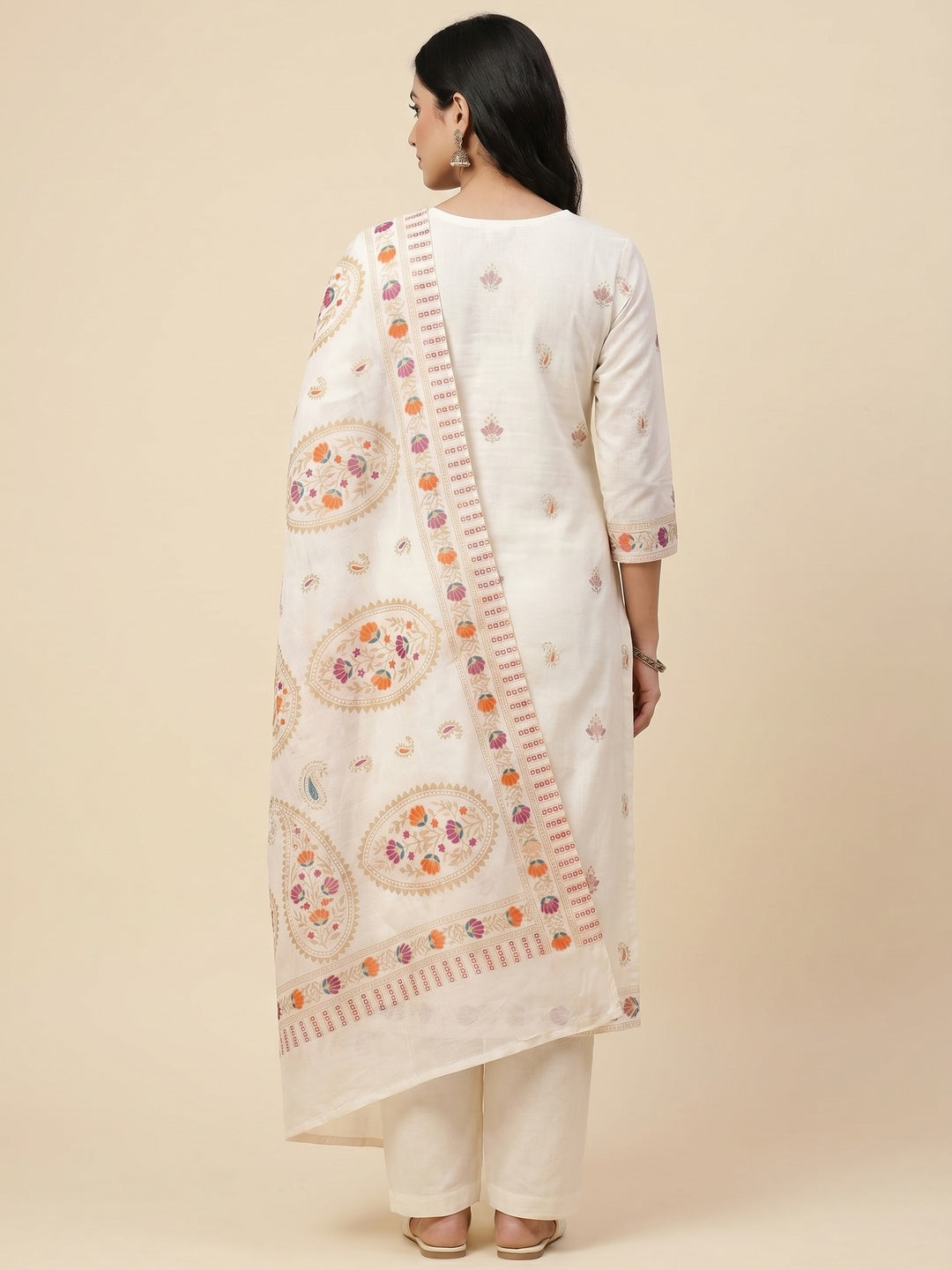 Off White Woven Pure Cotton Dress Material - Image 3