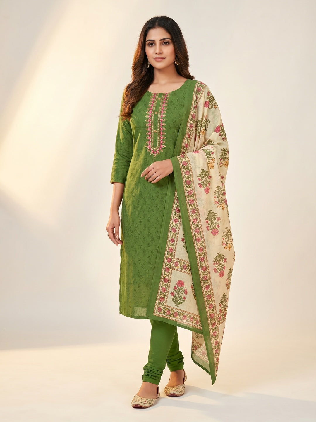 Mehandi Green Floral Printed Pure Cotton Dress Material - Image 1
