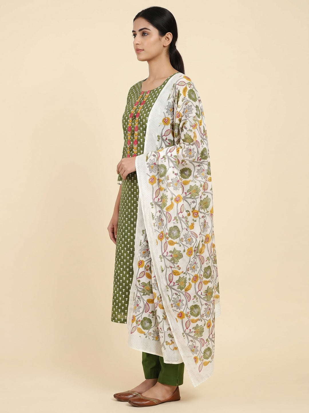 Mehandi Green Floral Printed Pure Cotton Dress Material - Image 2