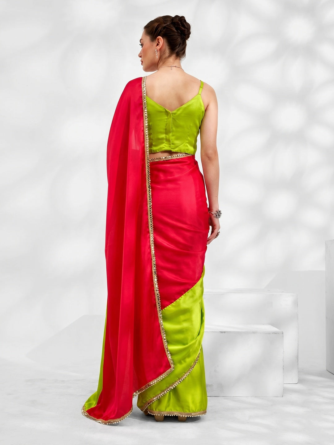 Pink & Green Solid Pure Silk Saree With Mirror Work Border - Image 2