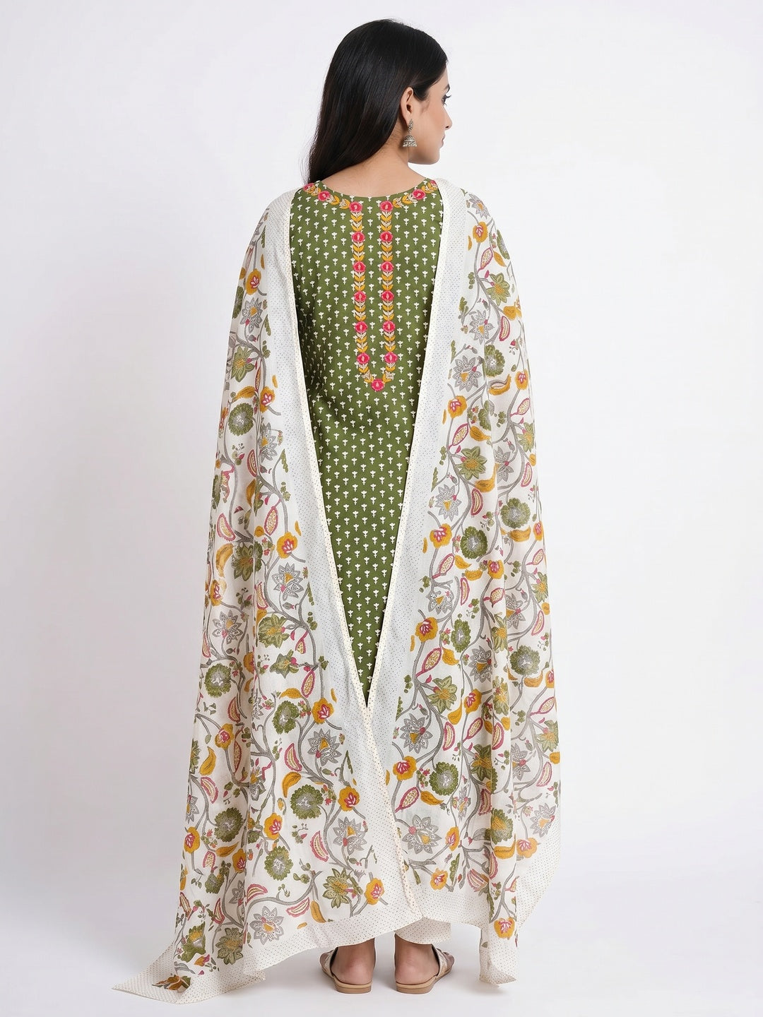Mehandi Green Floral Printed Pure Cotton Dress Material - Image 3