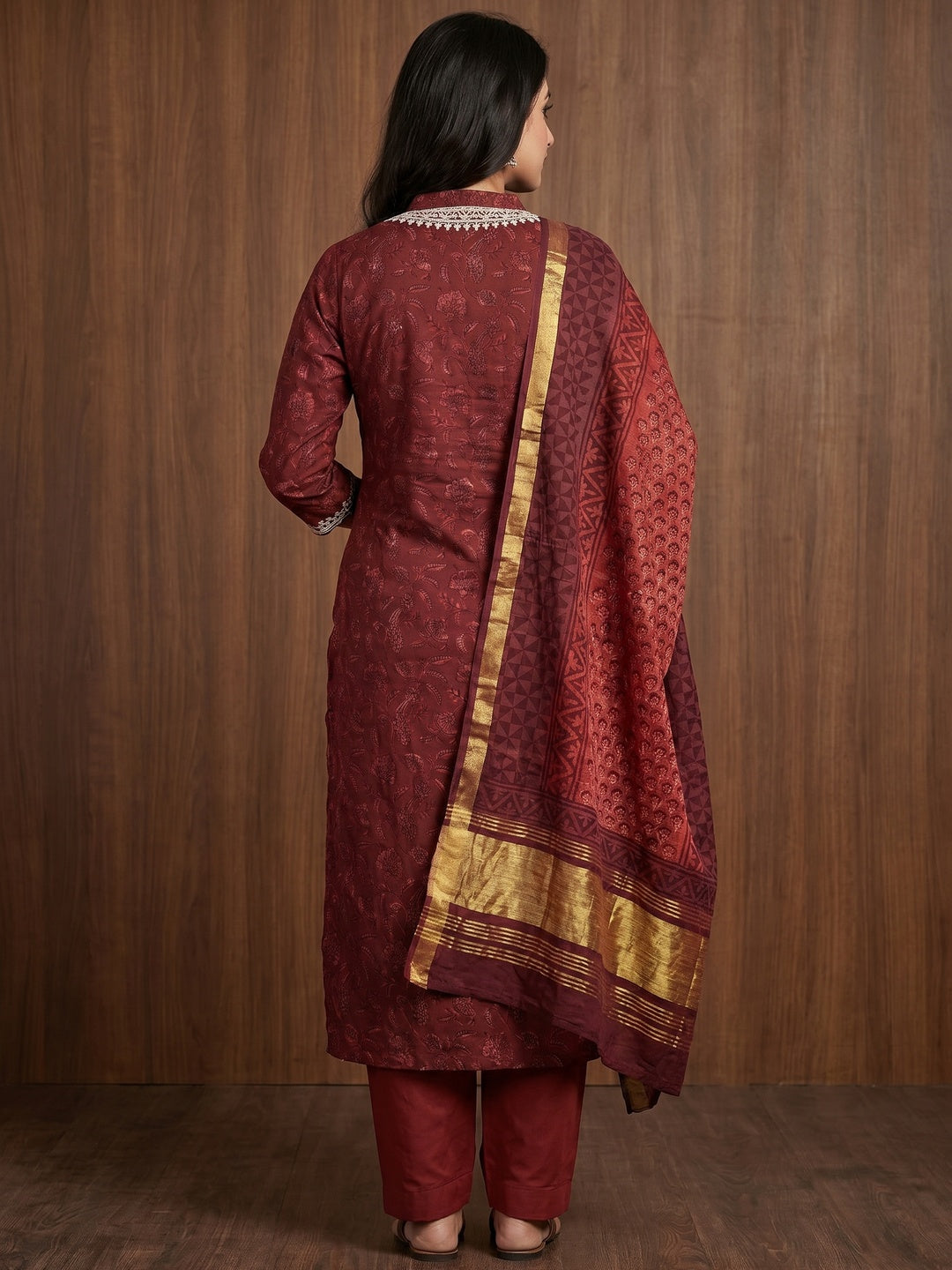 Maroon Floral Printed Pure Cotton Dress Material - Image 3