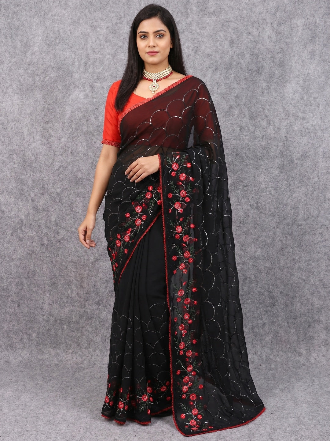 Black Floral Embroidered Georgette Saree - Image 1