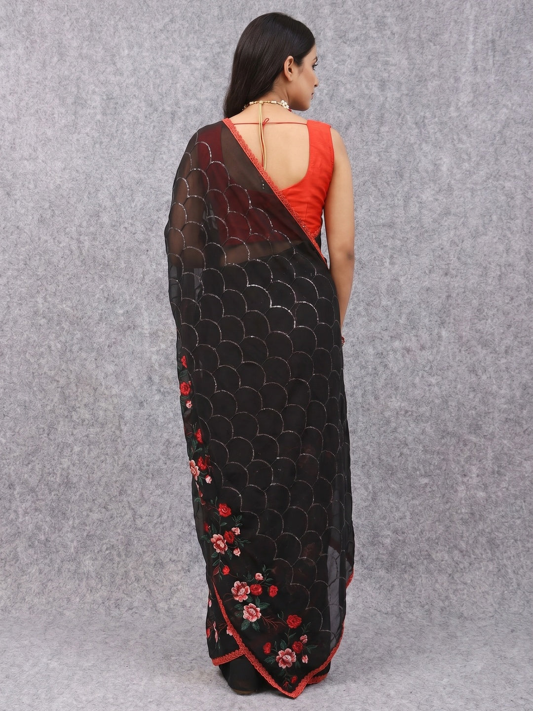 Black Floral Embroidered Georgette Saree - Image 2