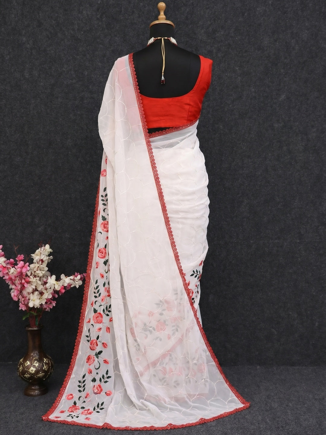 White Floral Embroidered Georgette Saree - Image 3