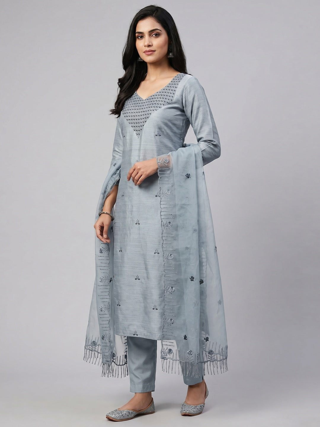 Grey Sequins Embroidered Art Silk Dress Material - Image 1