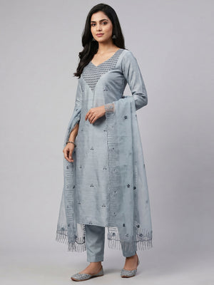 Grey Sequins Embroidered Art Silk Dress Material - Image 1