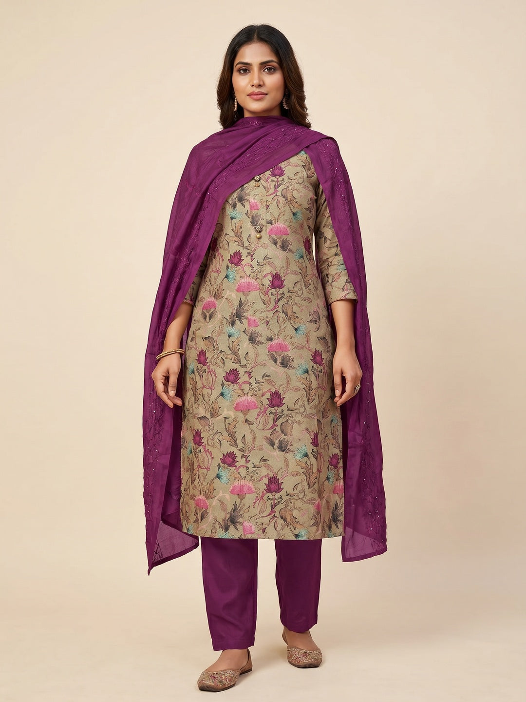 Chikoo Floral Printed Cotton Silk Dress Material - Image 1