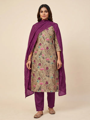 Chikoo Floral Printed Cotton Silk Dress Material - Image 1