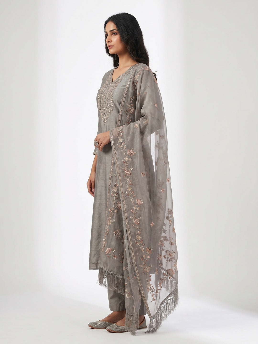 Grey Sequins Embroidered Art Silk Dress Material - Image 2