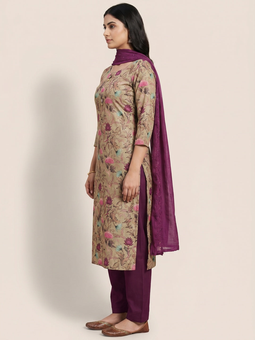 Chikoo Floral Printed Cotton Silk Dress Material - Image 2