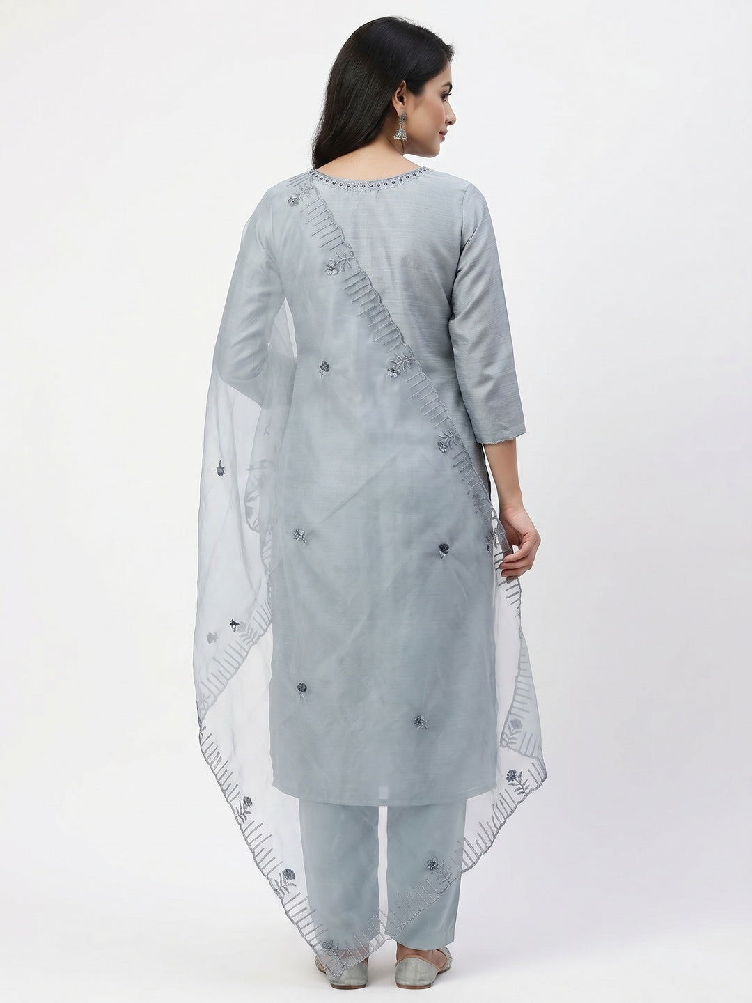 Grey Sequins Embroidered Art Silk Dress Material - Image 3